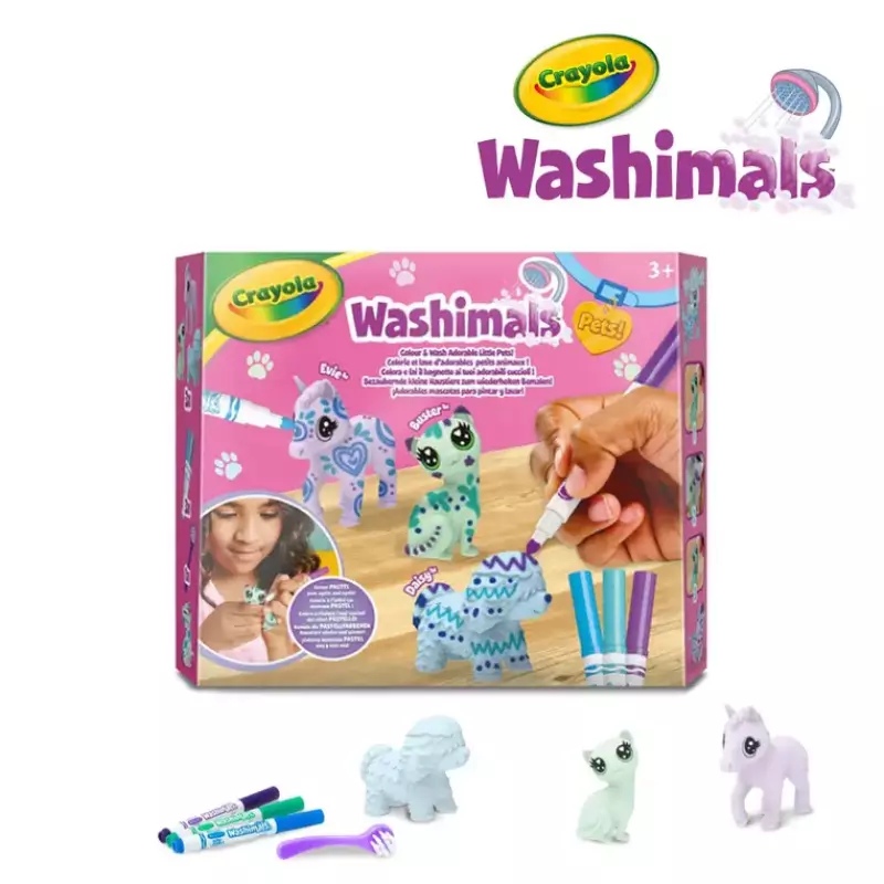 Crayola Figurki do malowania i mycia - zestaw zwierzątka 3 szt., flamastry zmywalne 3 szt., szczoteczka Washimals Pastel Pets 3+