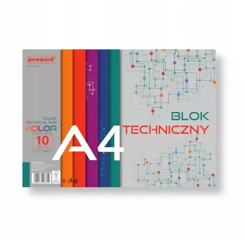 Blok techniczny A4 10 kartek kolorowych 180g/m2 BT-3 Penword