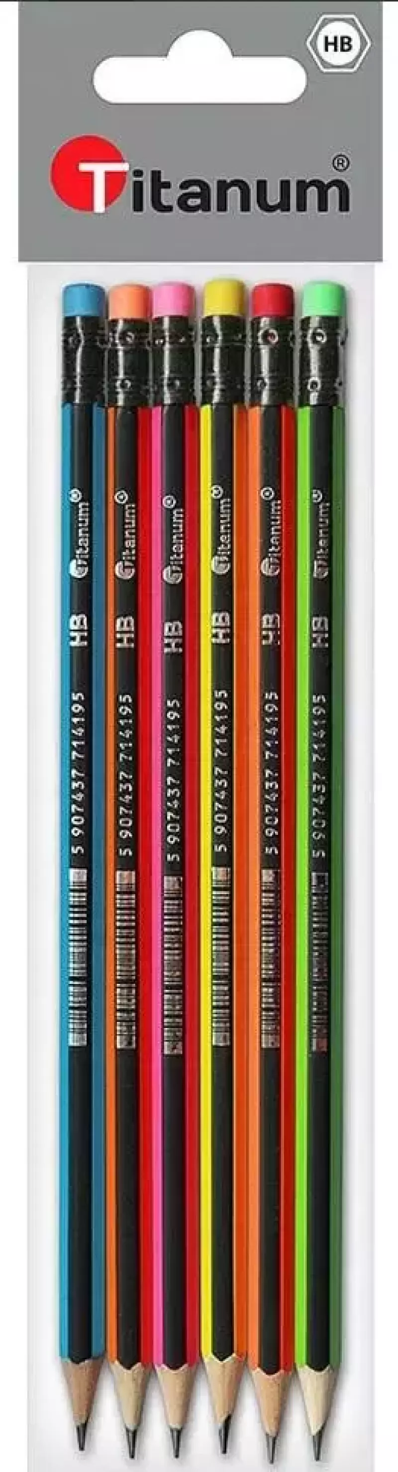 Ołówek z gumką HB, neonowy (6 sztuk)