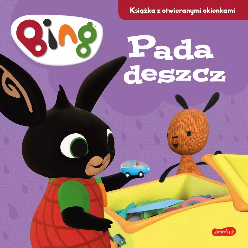 Książka z otwieranymi okienkami. Bing. Pada deszcz