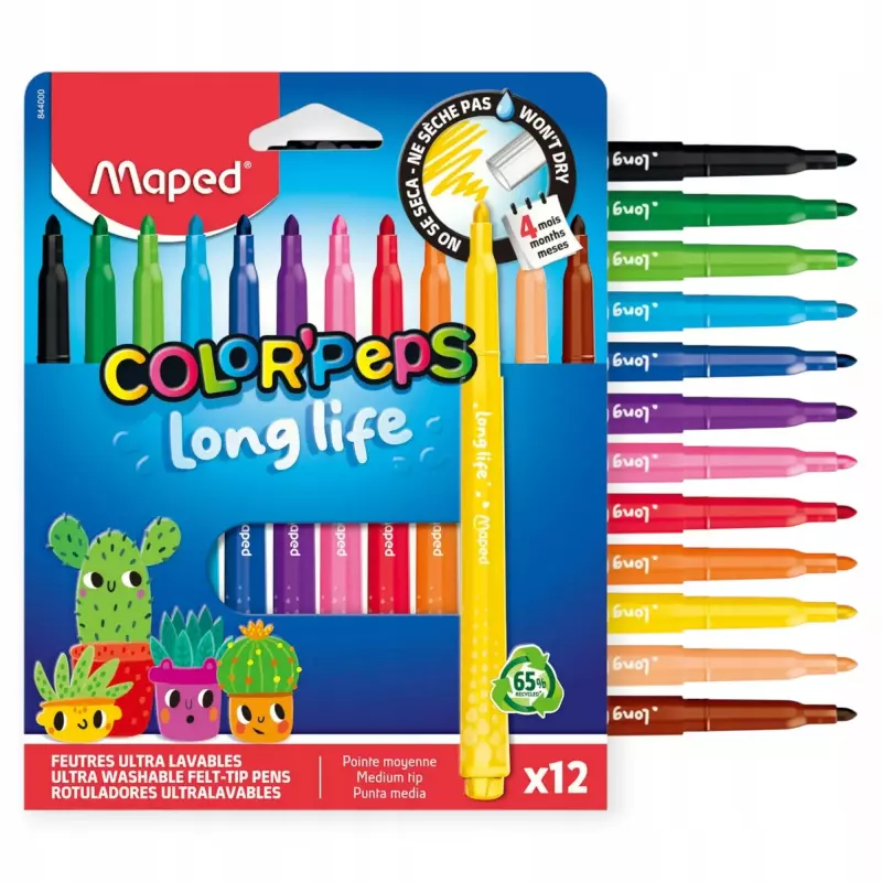 Flamastry pisaki mazaki Maped Long Life 12 kolorów niewysychające szkolne