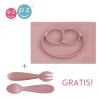 EZPZ Silikonowy talerzyk z podkładką 2w1 Happy Mat + GRATIS komplet silikonowych sztućców pastelowy róż - zdjęcie