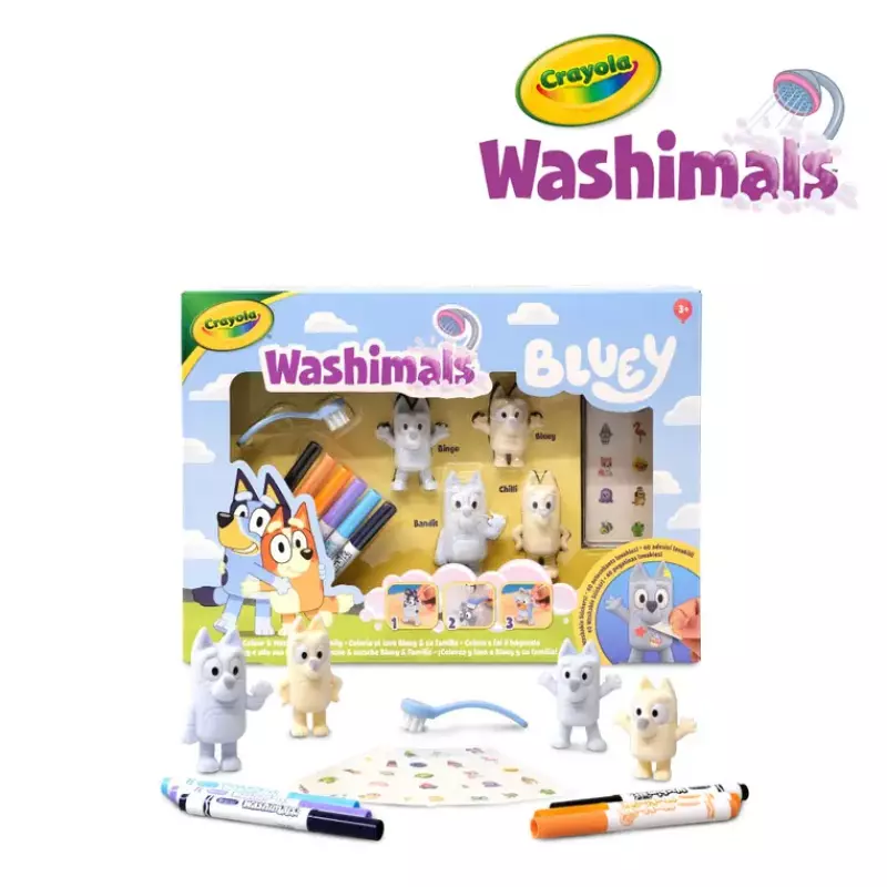 Crayola Figurki do malowania i mycia - zestaw zwierzątka 4 szt., flamastry zmywalne 6 szt., szczoteczka, naklejki Washimals Bluey 3+