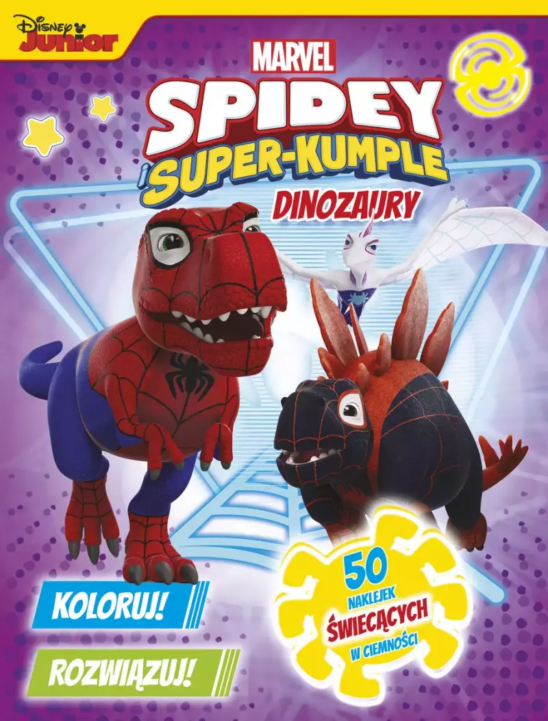 Dinozaury. Marvel Spidey i Super-kumple. Koloruj! Rozwiązuj! 50 naklejek świecących w ciemności