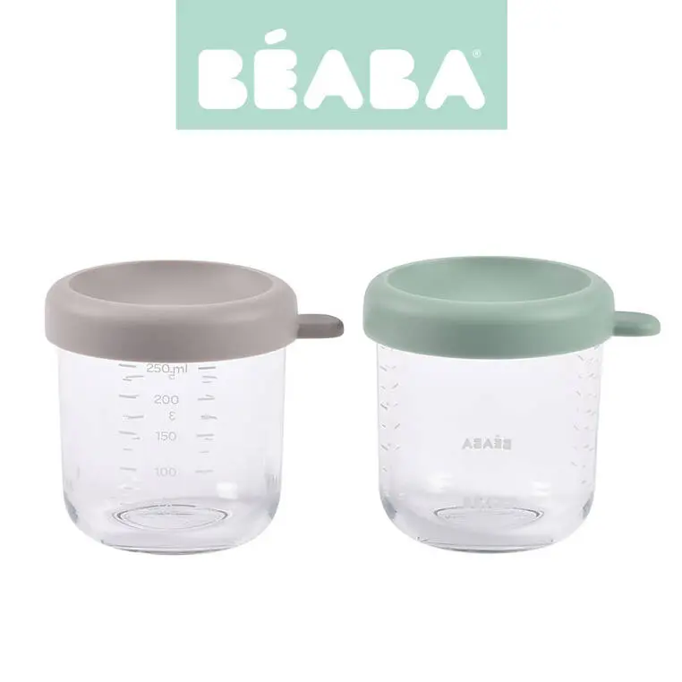 BEABA Zestaw pojemników słoiczków szklanych z zamknięciem 2 x 250 ml Sage green/Gazelle - Mama i dziecko