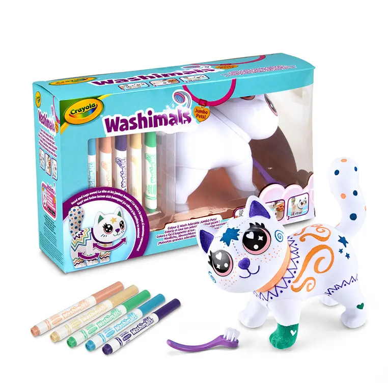 Crayola Figurka do malowania i mycia duża - zestaw zwierzątko 1 szt., flamastry zmywalne 5 szt., szczoteczka Washimals Jumbo Pets Kotka Jenny 3+ - Papiernicze i szkolne