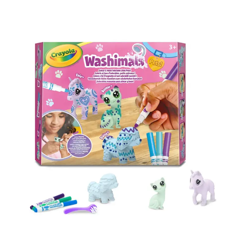 Crayola Figurki do malowania i mycia - zestaw zwierzątka 3 szt., flamastry zmywalne 3 szt., szczoteczka Washimals Pastel Pets 3+ - Papiernicze i szkolne