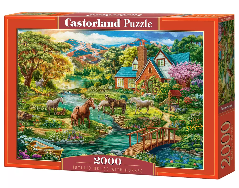 Puzzle z widokiem na malowniczy dom i konie - Castorland 2000 elementów