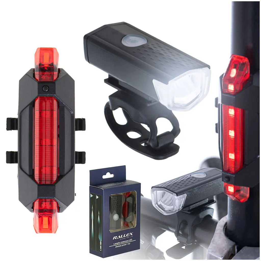 Lampka rowerowa LED RALLEX zestaw tył-przód na rower kierownicę USB - Elektronika i akcesoria