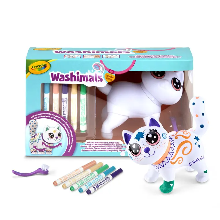 Crayola Figurka do malowania i mycia duża - zestaw zwierzątko 1 szt., flamastry zmywalne 5 szt., szczoteczka Washimals Jumbo Pets Kotka Jenny 3+ - Papiernicze i szkolne