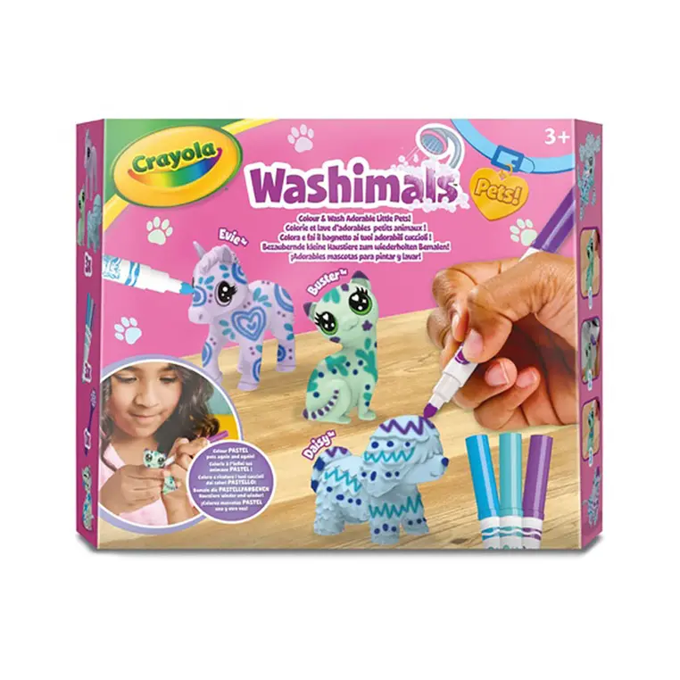 Crayola Figurki do malowania i mycia - zestaw zwierzątka 3 szt., flamastry zmywalne 3 szt., szczoteczka Washimals Pastel Pets 3+ - Papiernicze i szkolne