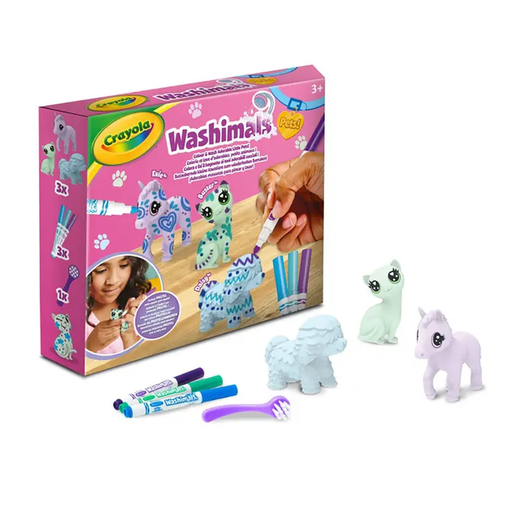 Crayola Figurki do malowania i mycia - zestaw zwierzątka 3 szt., flamastry zmywalne 3 szt., szczoteczka Washimals Pastel Pets 3+ - Papiernicze i szkolne