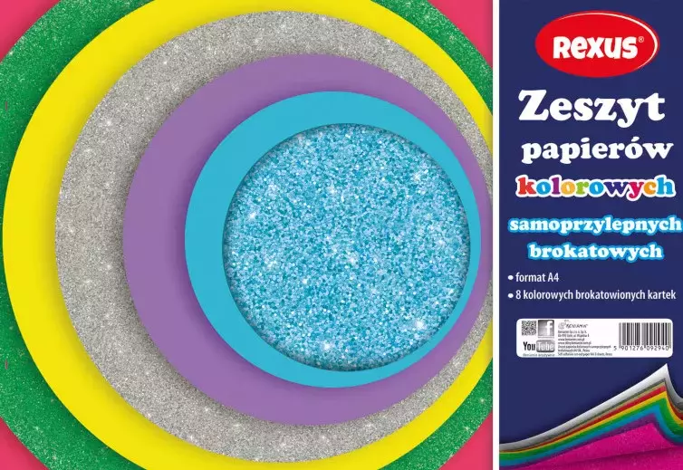 Papier kolorowy samoprzylepny A4, brokat, 8 kartek - Papiernicze i szkolne