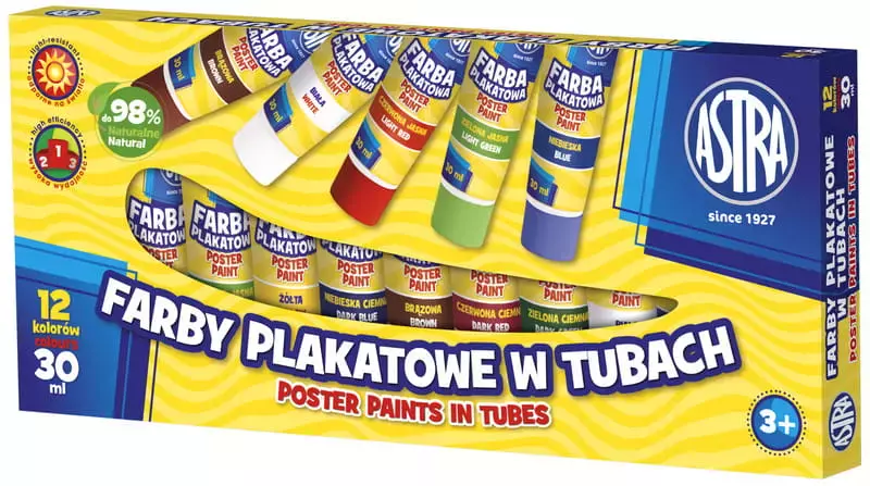 Farby plakatowe w tubie 30 ml, 12 kolorów - Papiernicze i szkolne