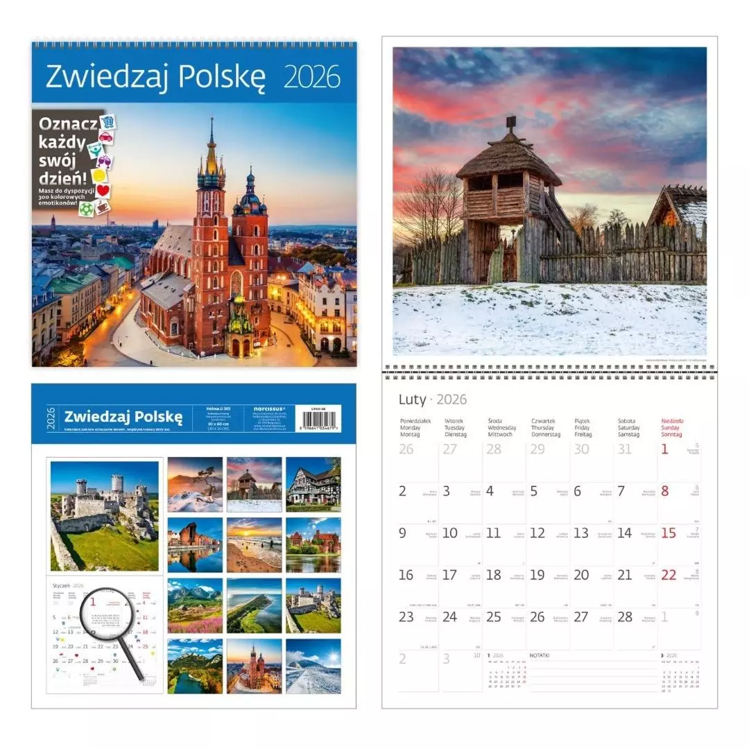 Kalendarz 2026 ścienny 30x30 Zwiedzaj Polskę HELMA - Książki