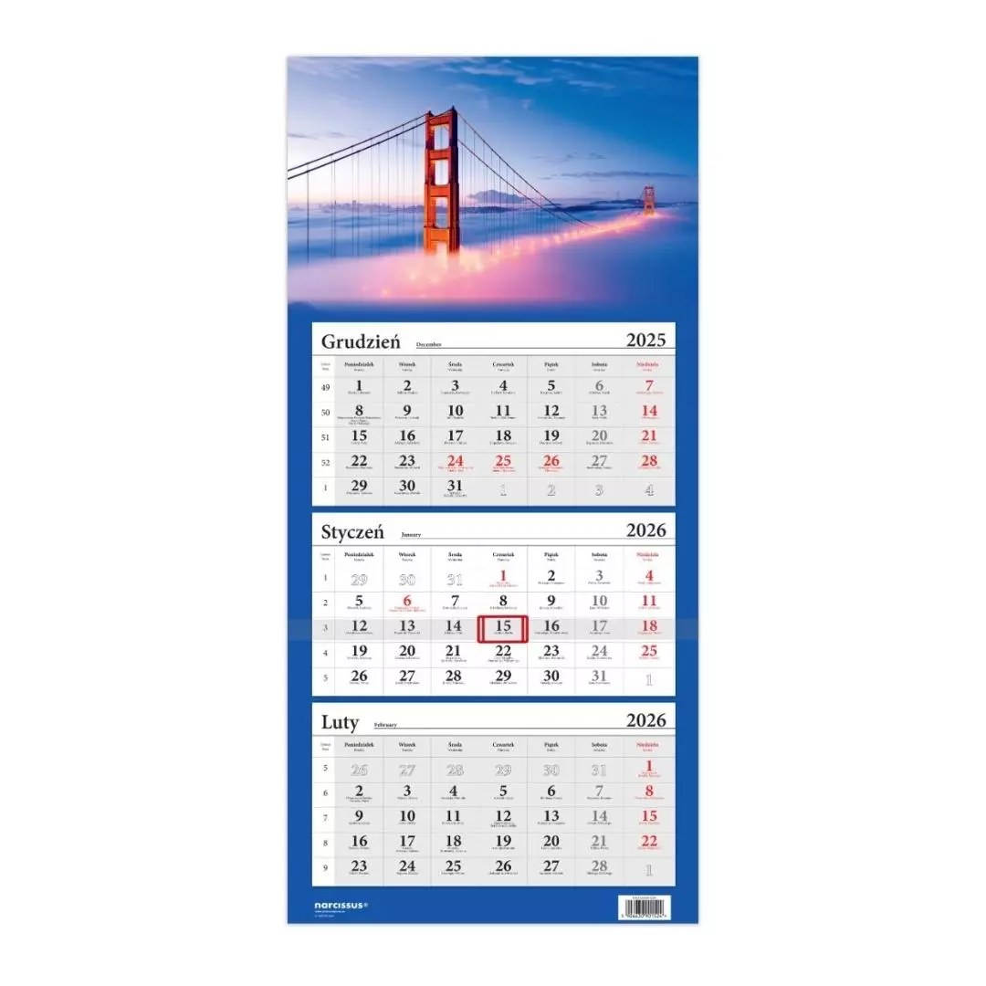 Kalendarz 2026 trójdzielny Most Golden Gate HELMA - Książki