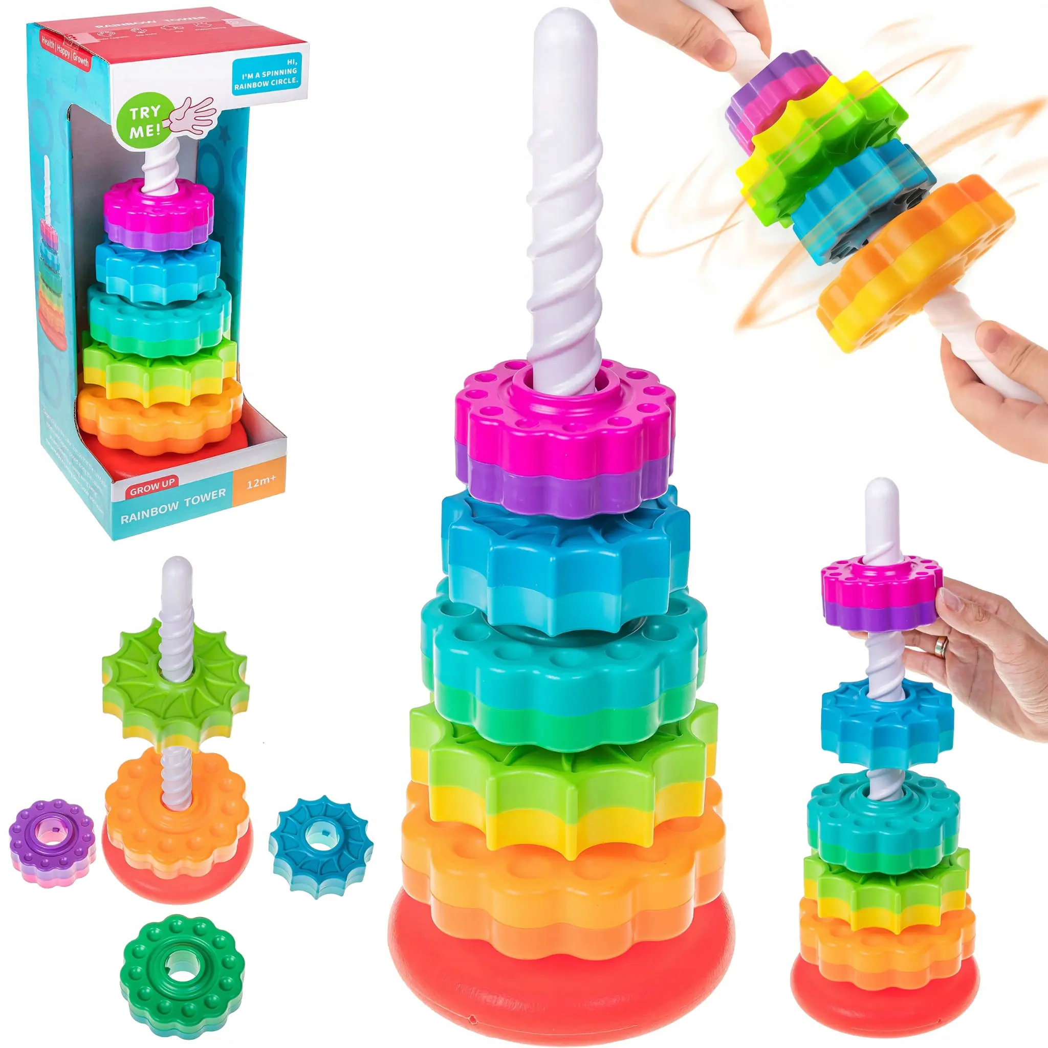 ZAKRĘCONA WIEŻA ZABAWKA EDUKACYJNA TĘCZOWA PIRAMIDA SPIRALA DLA DZIECKA - Zabawki