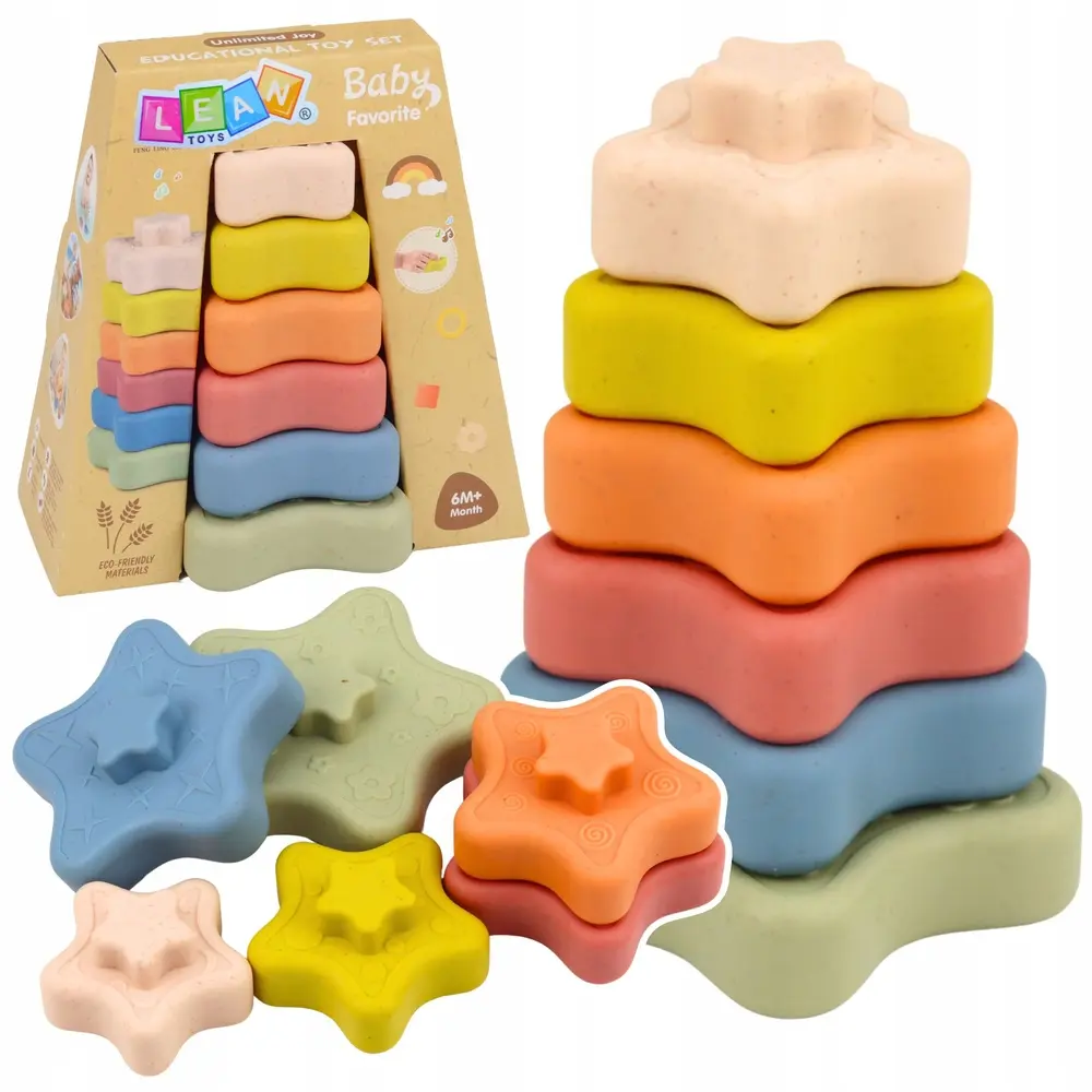 Piramidka Sensoryczna Gwiazdki Miękkie Klocki Układanka Kolorowa 6el. - Zabawki