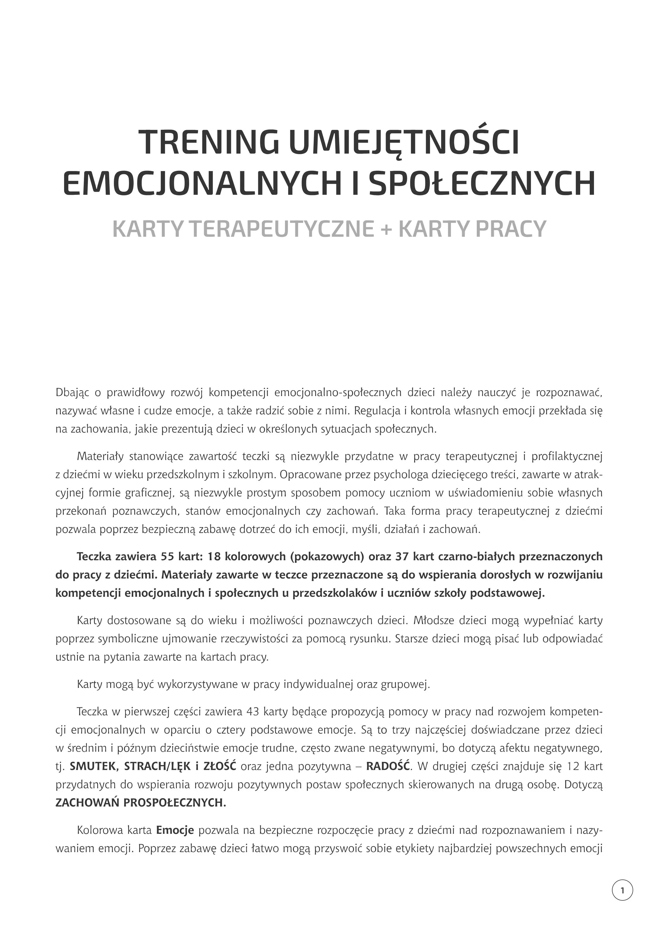 Trening umiejętności emocjonalnych i społecznych dzieci. Karty terapeutyczne i karty pracy - Książki