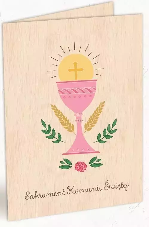 Karnet drewniany C6 Komunia kielich róż + koperta - Książki