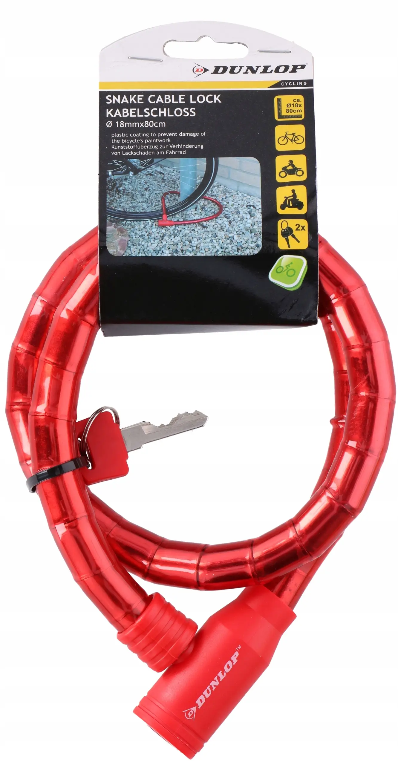 Zapięcie Rowerowe Spiralne na Klucz Wąż 18MMx80CM Czerwone Dunlop - Zabawki
