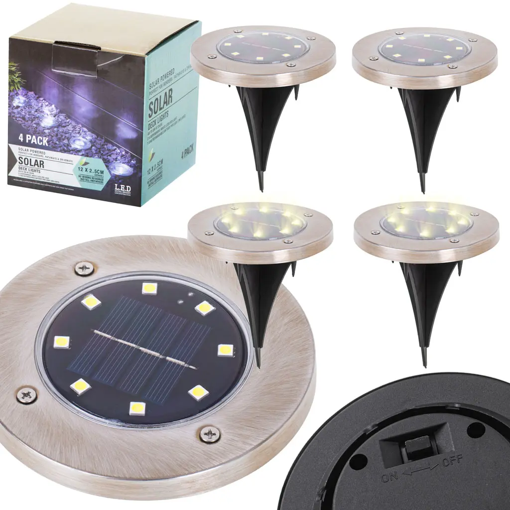 Lampy ogrodowe solarne najazdowe gruntowe czujnik zmierzchu wbijane świecący dysk 8LED 4szt. ciepły biały - Zabawki