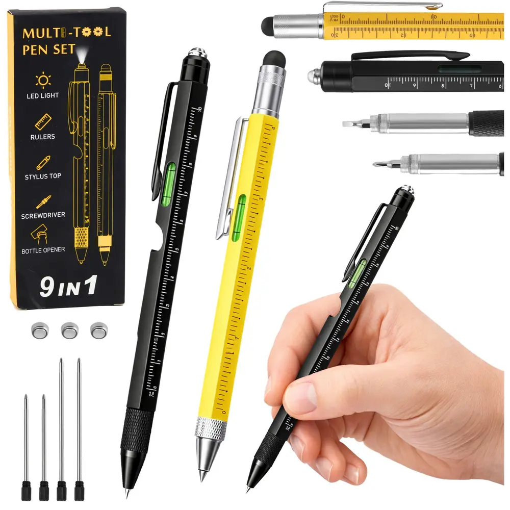 Długopisy Wielofunkcyjne 9w1 Poziomica Latarka Śrubokręt Żółty Czarny 2szt - Papiernicze i szkolne