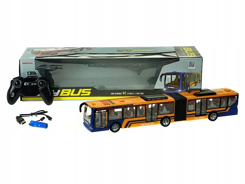 Autobus przegubowy 44x7x8cm, na radio, 4 funkcje, światła, z kablem USB