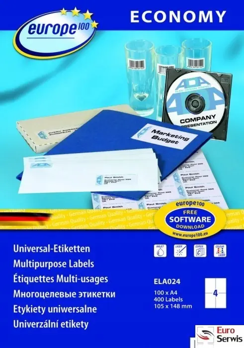 Etykieta samoprzylepna A4 Economy Europe100 biały [mm:] 105x148,5 Avery Zweckform (ELA024) - Papiernicze i szkolne