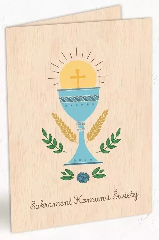 Karnet drewniany C6 Komunia kielich + koperta - Książki