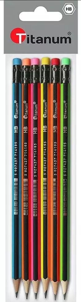 Ołówek z gumką HB, neonowy (6 sztuk) - Papiernicze i szkolne