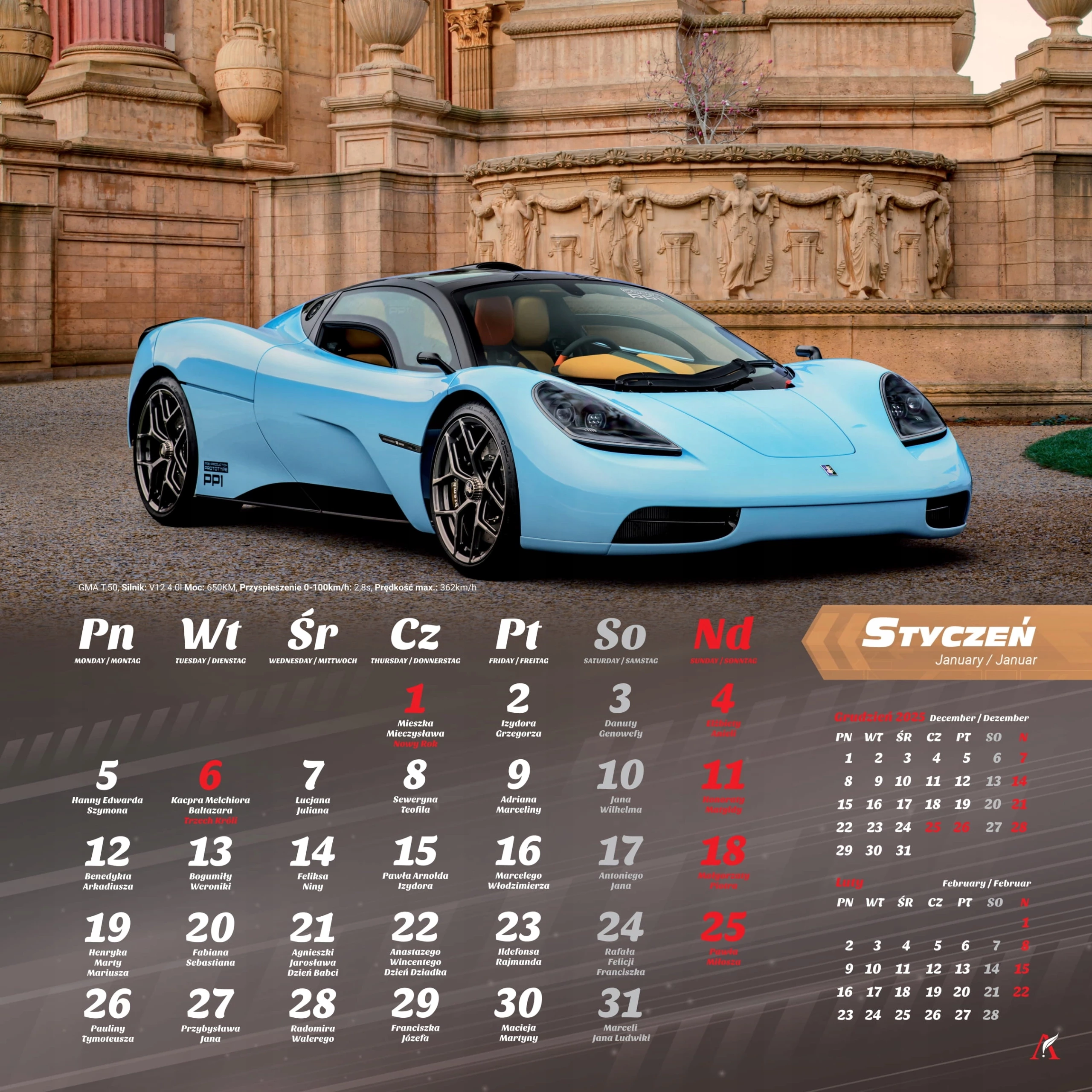 Kalendarz ścienny Samochody Sportowe 2026 Mustang 33x33cm opisy aut Auta - Książki