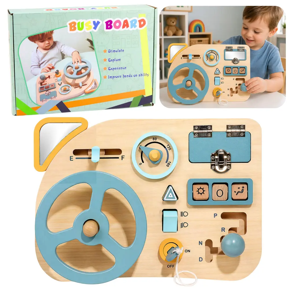 Drewniana Tablica Manipulacyjna Sensoryczna Kierownica Przełącznik Dźwignie - Zabawki