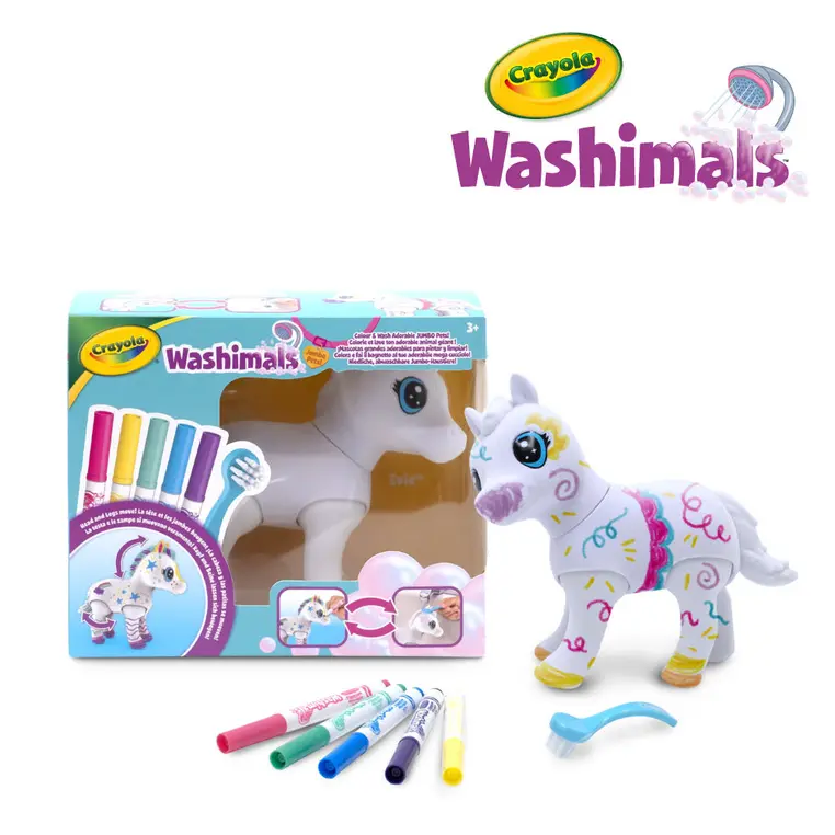 Crayola Figurka do malowania i mycia duża - zestaw zwierzątko 1 szt., flamastry zmywalne 5 szt., szczoteczka Washimals Jumbo Pets Kucyk Elvis 3+ - Papiernicze i szkolne