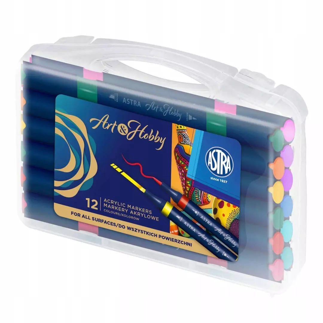 Markery akrylowe dwustronne trókątne. Astra Art&Hobby. Walizka 12 kolorów - Papiernicze i szkolne