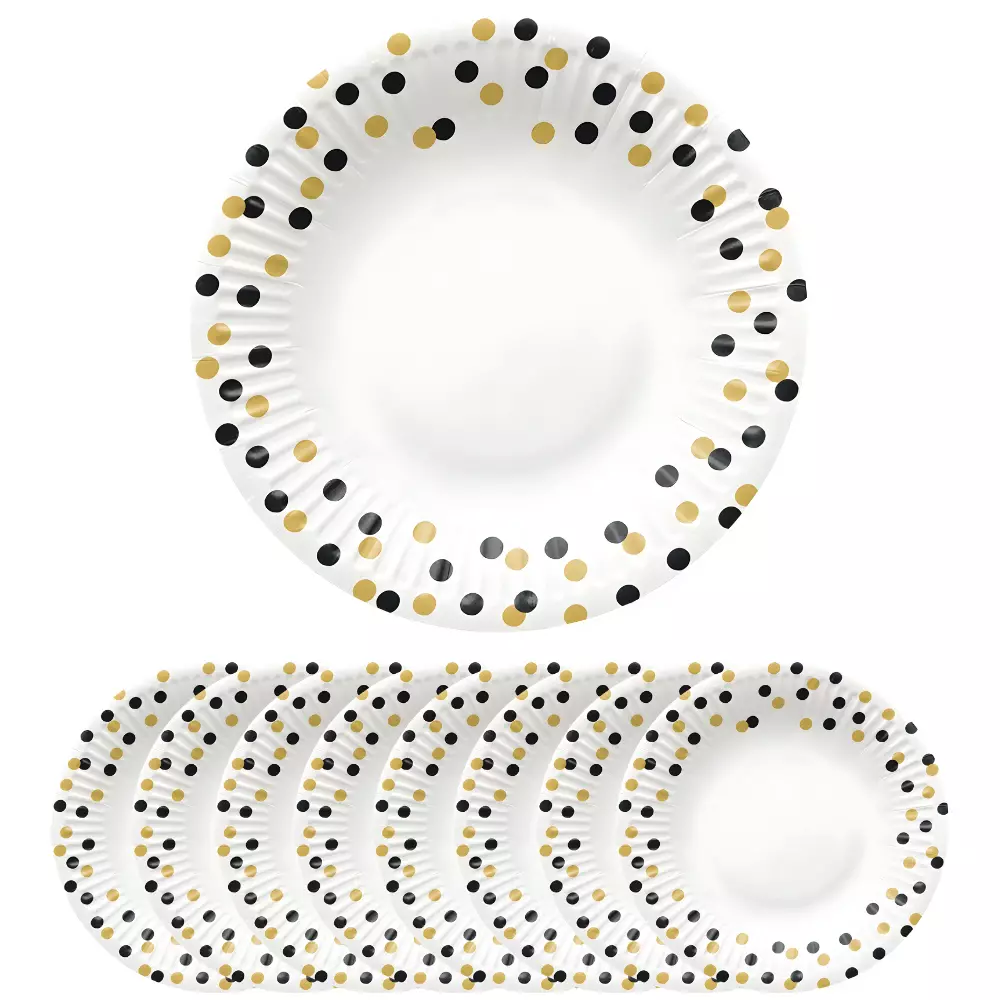 Talerzyki papierowe 18 cm, złoto-czarne confetti (8 sztuk) - Papiernicze i szkolne