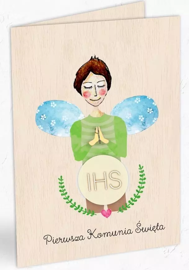 Karnet drewniany C6 Komunia chłopiec + koperta - Książki