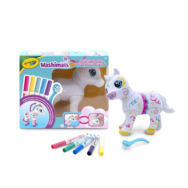 Crayola Figurka do malowania i mycia duża - zestaw zwierzątko 1 szt., flamastry zmywalne 5 szt., szczoteczka Washimals Jumbo Pets Kucyk Elvis 3+ - Papiernicze i szkolne
