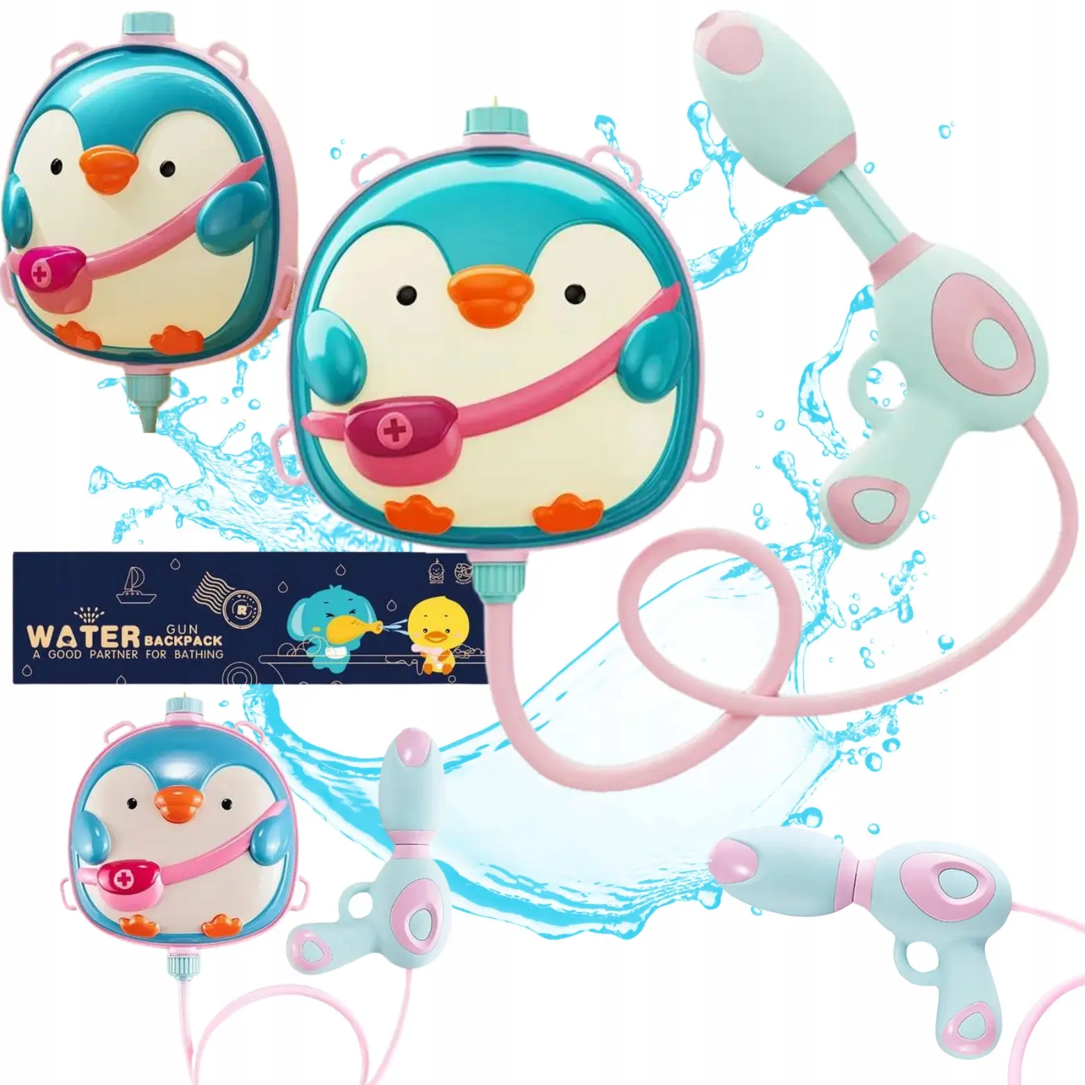 Pistolet Na Wodę Z Plecakiem Pingwin Duży Zbiornik Regulowany Pistolet - Zabawki