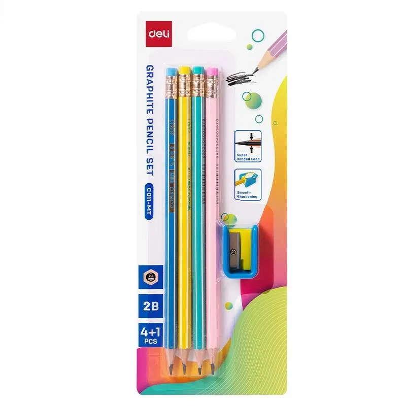 Ołówek z gumką 2B heksagonalny 4szt + temperówka blister Deli - Papiernicze i szkolne