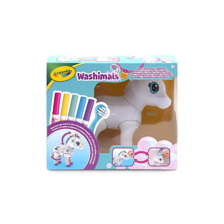 Crayola Figurka do malowania i mycia duża - zestaw zwierzątko 1 szt., flamastry zmywalne 5 szt., szczoteczka Washimals Jumbo Pets Kucyk Elvis 3+ - Papiernicze i szkolne