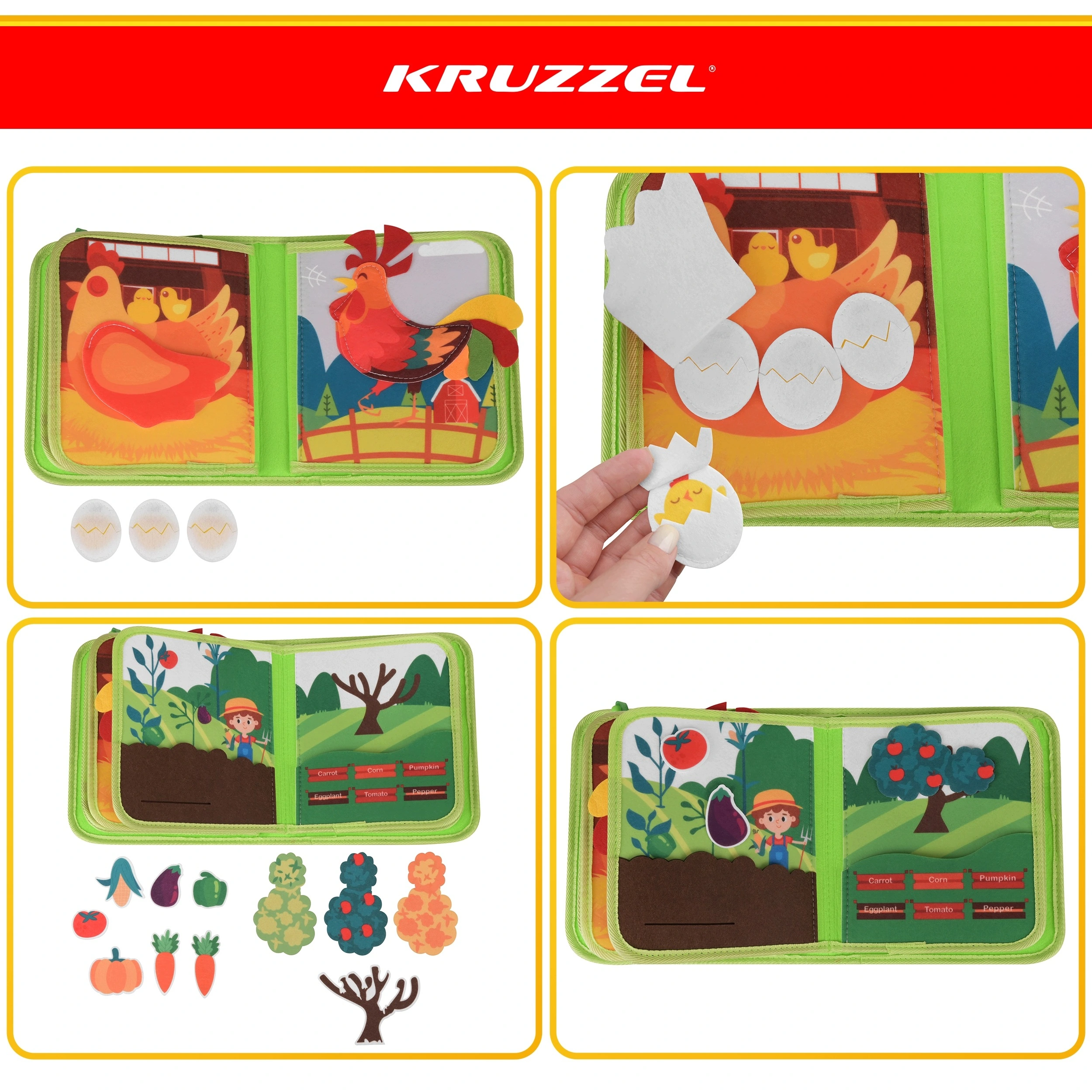 Сенсорна маніпулятивна книжка Montessori Kruzzel 28006, розвивальна дошка-іграшка «Ферма», 20 активностей, від 2 років