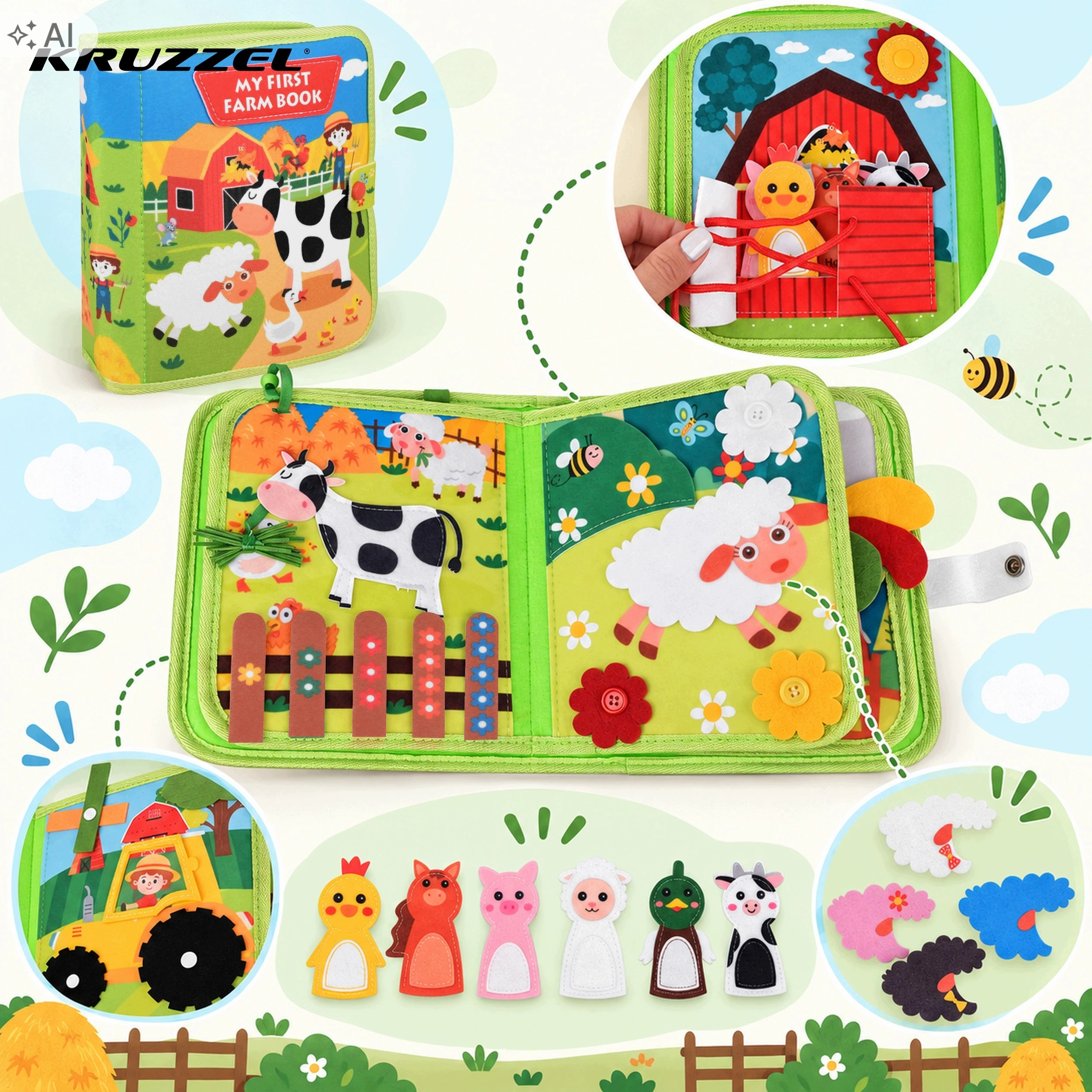Сенсорна маніпулятивна книжка Montessori Kruzzel 28006, розвивальна дошка-іграшка «Ферма», 20 активностей, від 2 років