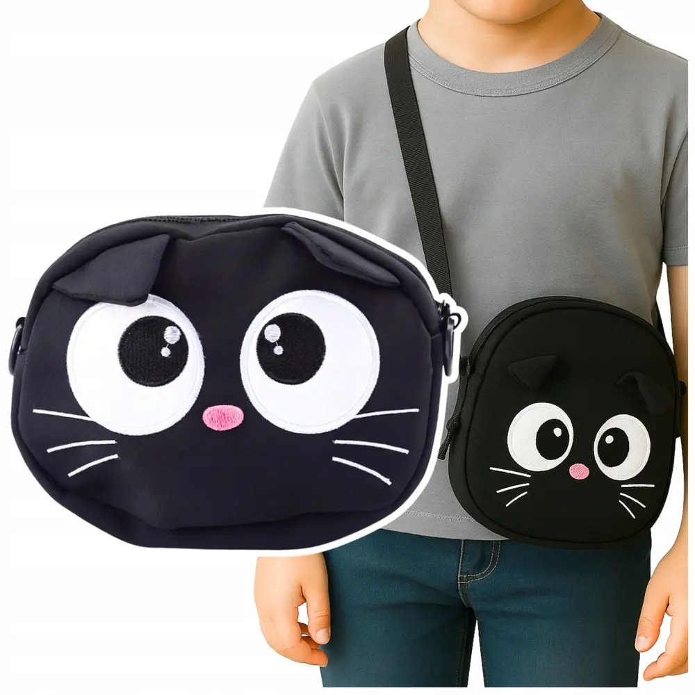 Torba Saszetka Kot Zasuwana Kieszeń Regulowany Pas Czarna 21 x 16 cm - Zabawki