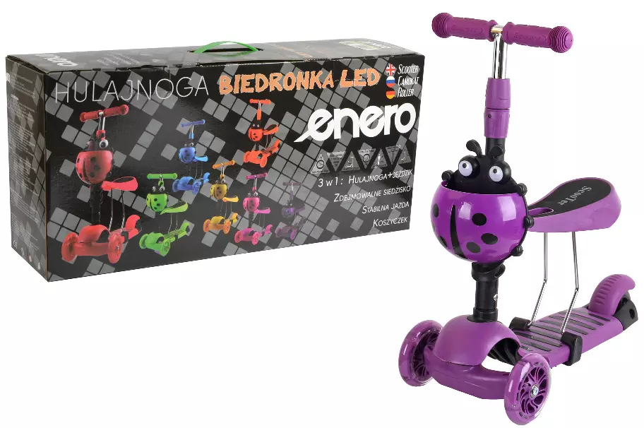 Hulajnoga balansowa 3w1, fioletowa biedronka - Zabawki