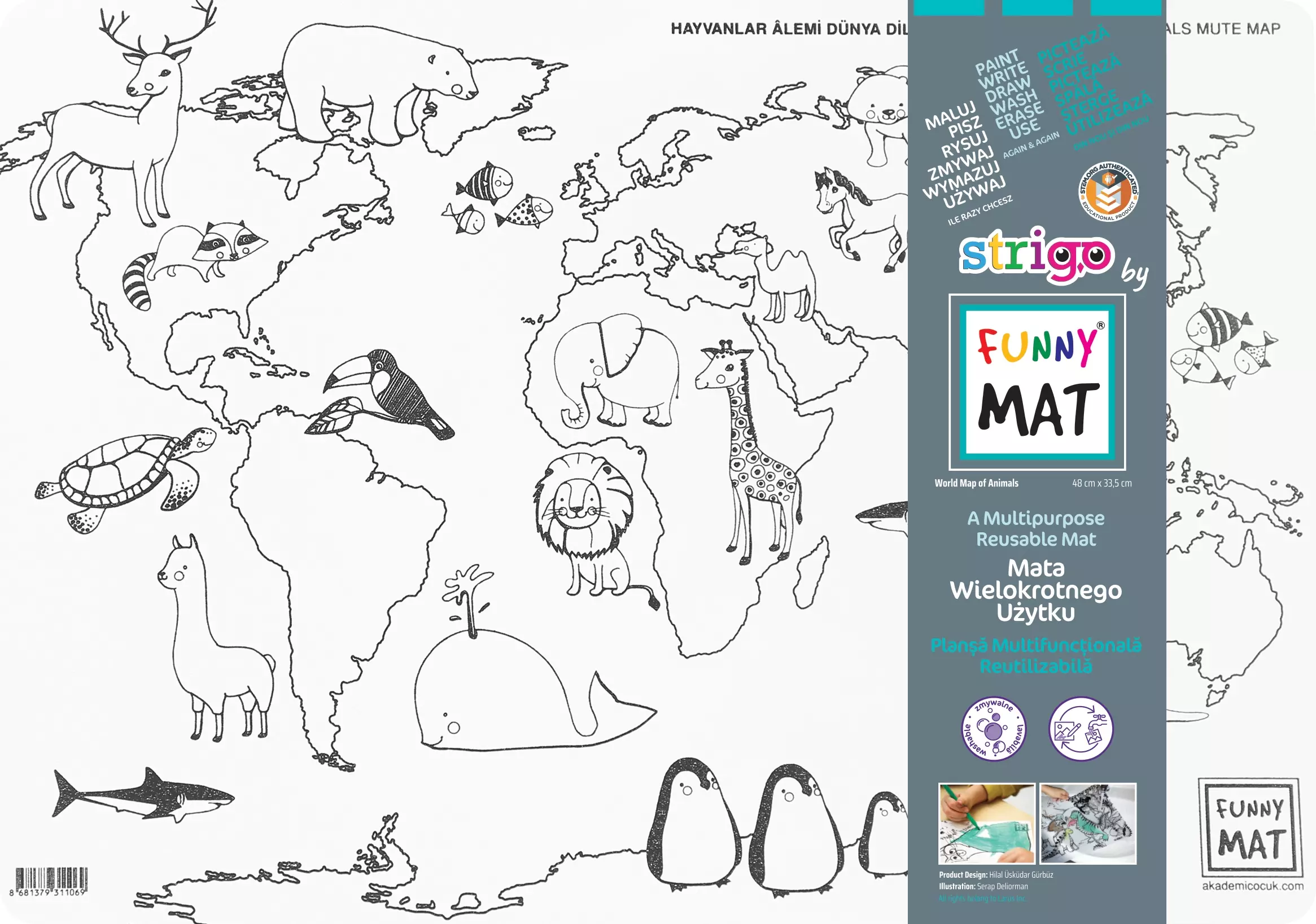 Biała mata wodoodporna do kolorowania Strigo by Funny Mat Mapa Zwierzęta - Papiernicze i szkolne