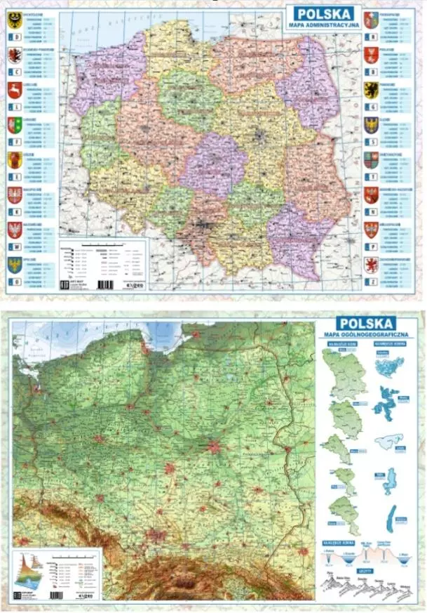 Mapa Polski A2 dwustronna fizyczno-administracyjna - Książki