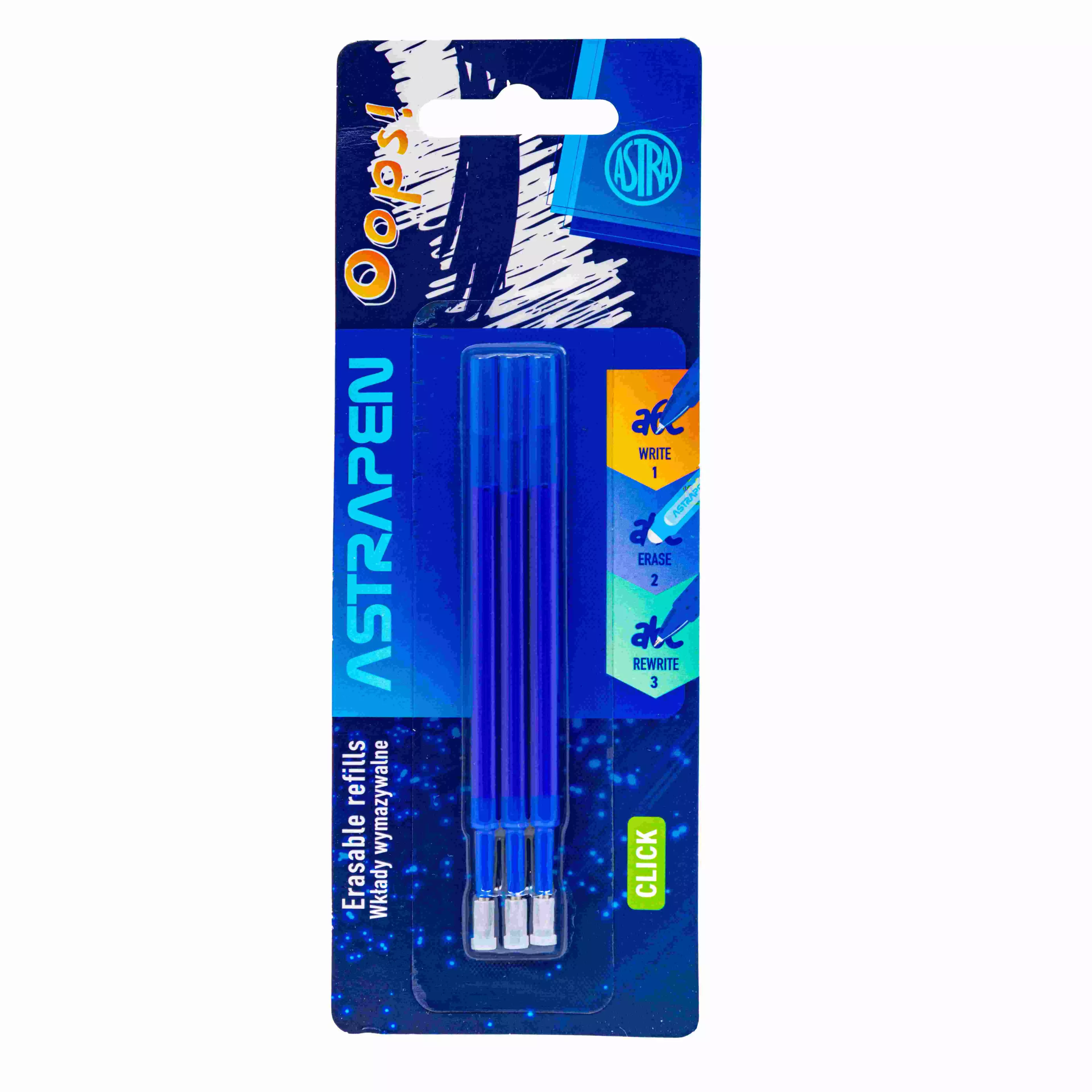 Wkłady wymazywalne Click niebieskie 0,5 mm Astrapen Oops! blister 3szt. - Papiernicze i szkolne