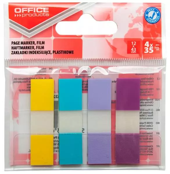 Zakładki indeksujące OFFICE PRODUCTS, PP, 12x43mm, 4x35 kart., zawieszka,pastel - Papiernicze i szkolne