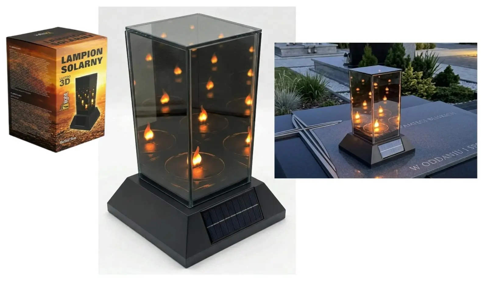 ZNICZ SZKLANY LED SOLARNY KWADRAT 15x15x22cm 3 kolory 3D SL-K1S - Papiernicze i szkolne